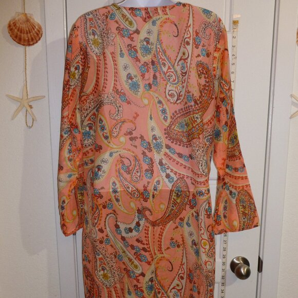 Peachy Paisley Print Sheer 3/4 Sleeve Cover Up Maxi Dress - Picture 10 of 16